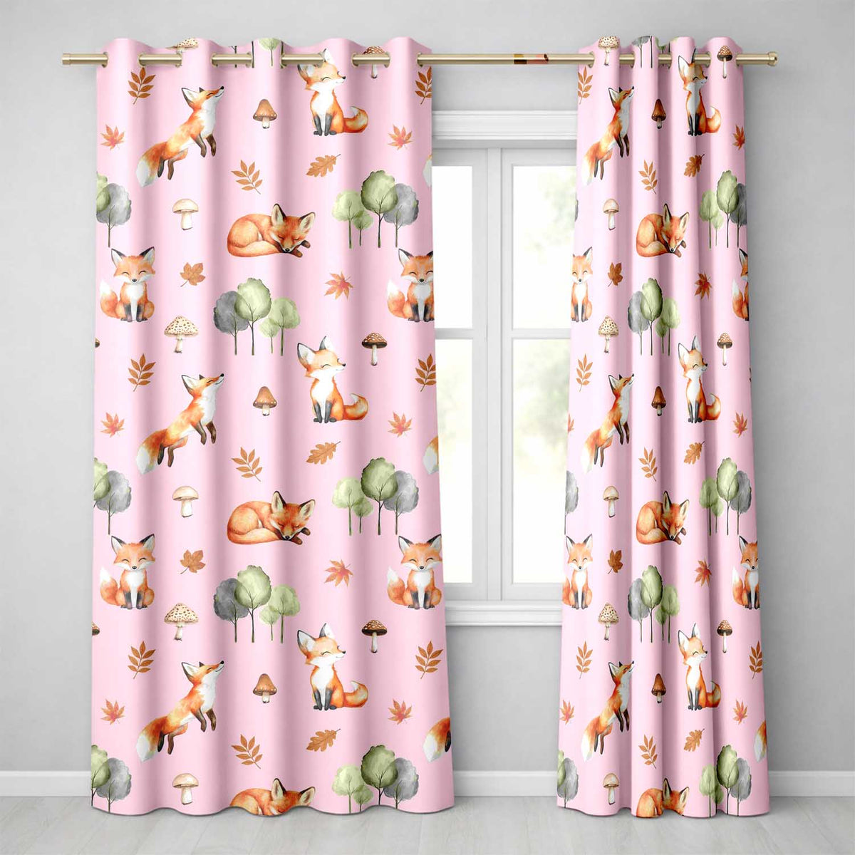 Woodland Fox with Trees Leaves Mushrooms Soft Pink Seamless Pattern Readymade Eyelet Ring Top Thermal 100% Blackout Curtains