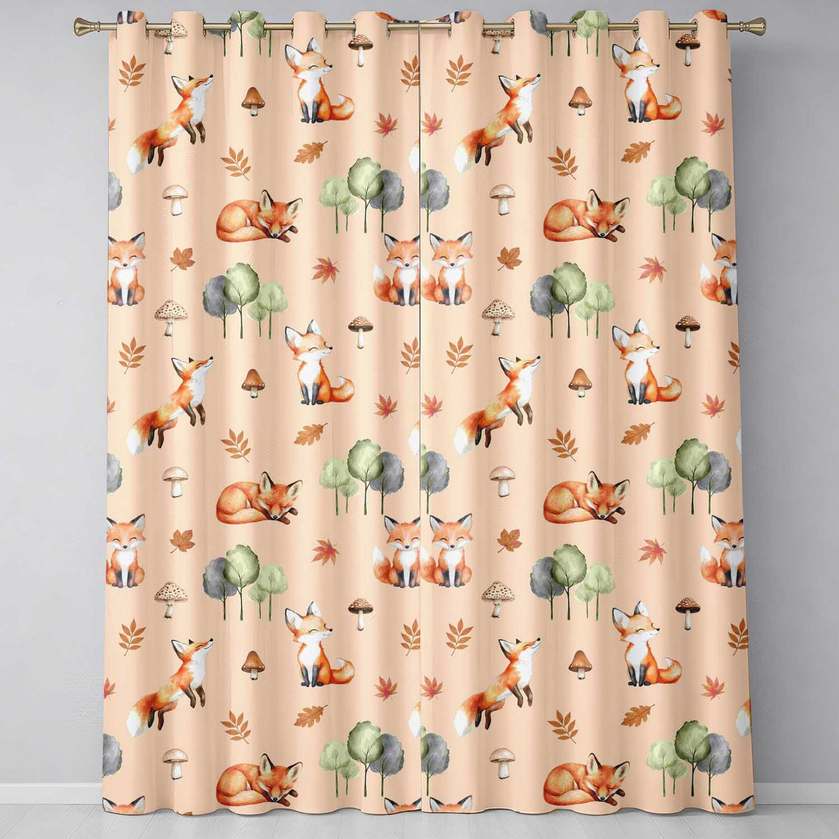 Woodland Fox with Trees Leaves Mushrooms Soft Beige Seamless Pattern Readymade Eyelet Ring Top Thermal 100% Blackout Curtains