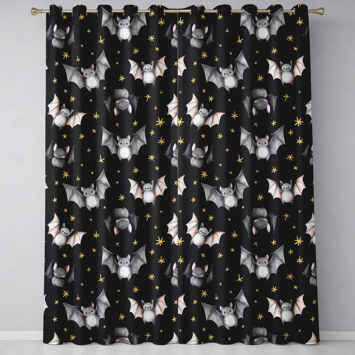 Cute Baby Bats with Stars Night Sky Black Background Seamless Pattern Readymade Eyelet Ring Top Thermal 100% Blackout Curtains