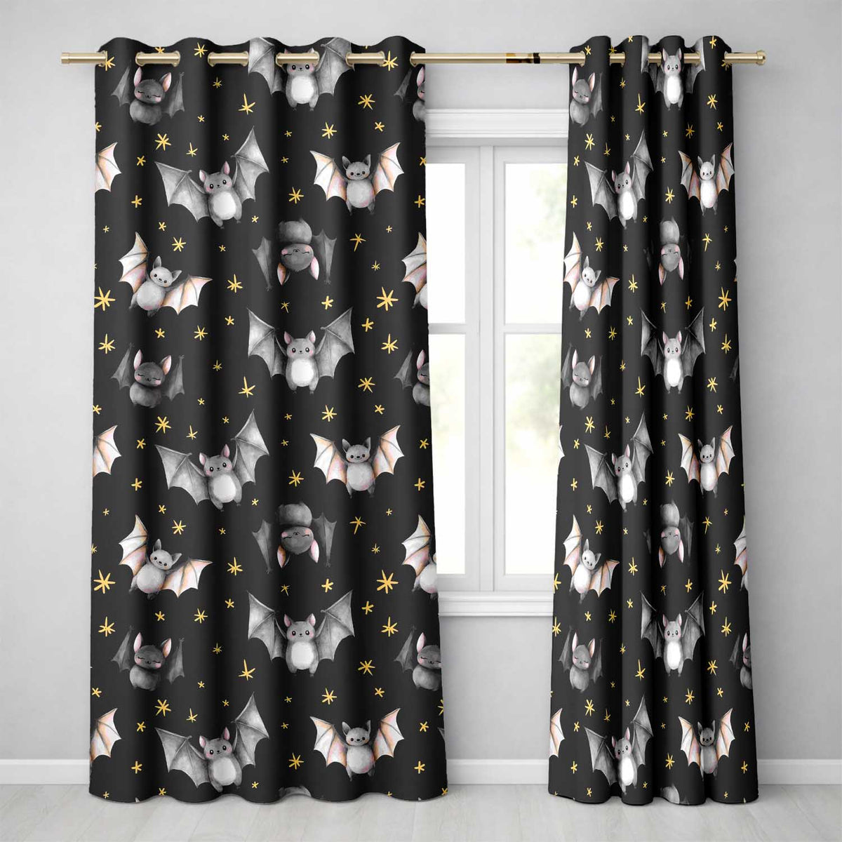Cute Baby Bats with Stars Night Sky Black Background Seamless Pattern Readymade Eyelet Ring Top Thermal 100% Blackout Curtains