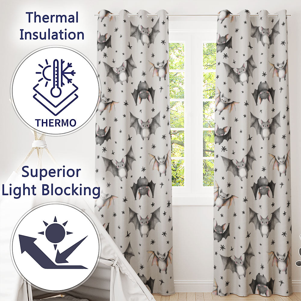 Cute Baby Bats Flying with Stars Soft Grey Background Seamless Pattern Readymade Eyelet Ring Top Thermal 100% Blackout Curtains