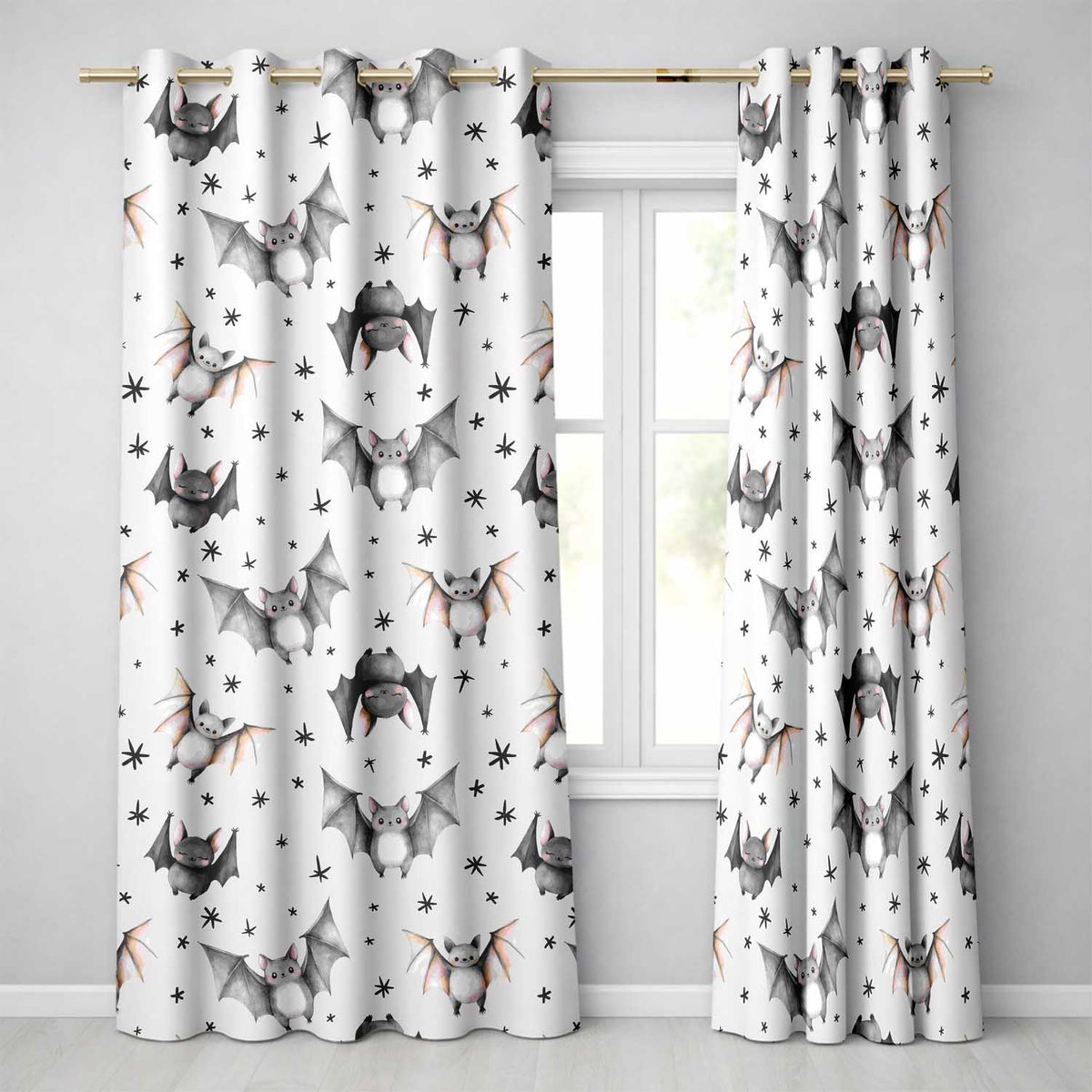 Cute Baby Bats Flying with Stars Soft Grey Background Seamless Pattern Readymade Eyelet Ring Top Thermal 100% Blackout Curtains