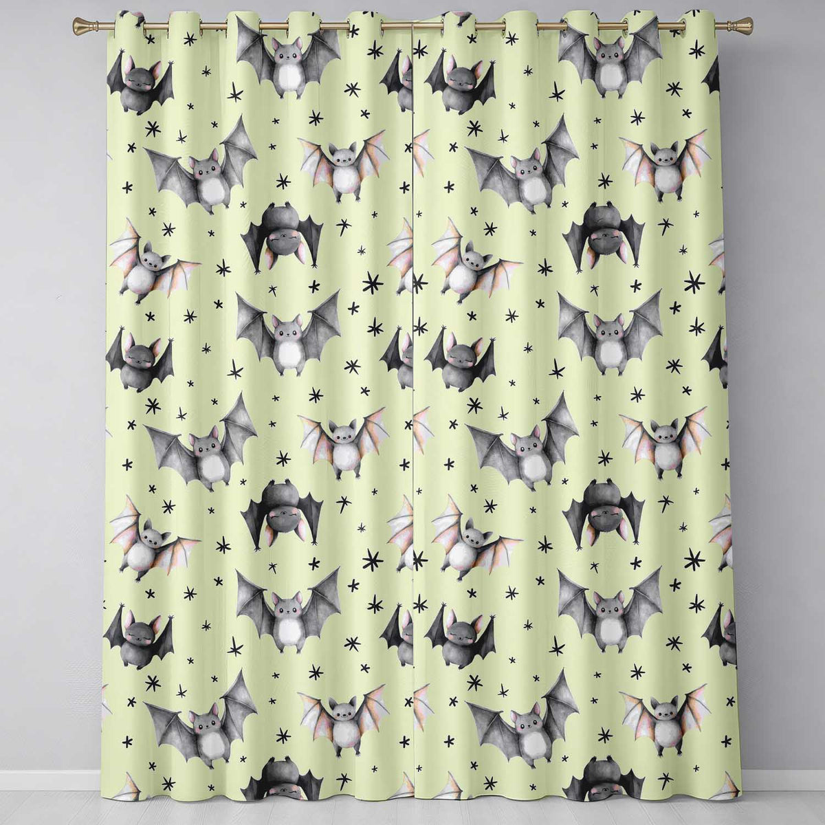 Cute Baby Bats Flying with Stars Soft Sage Green Background Seamless Pattern Readymade Eyelet Ring Top Thermal 100% Blackout Curtains