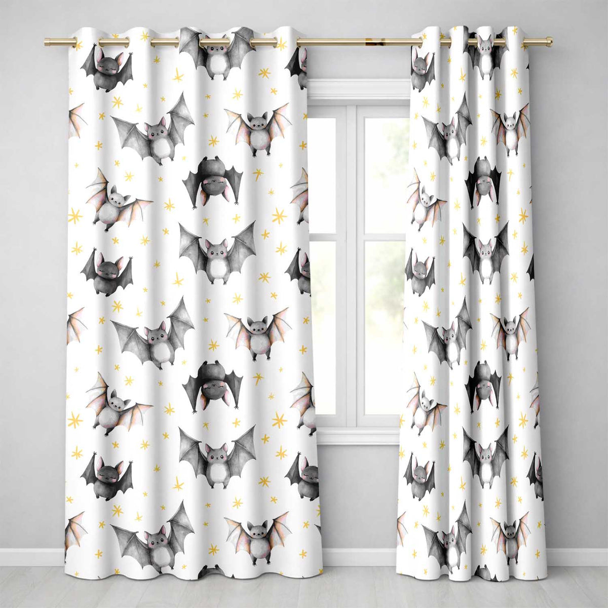 Cute Baby Bats Flying with Stars Soft White Background Seamless Pattern Readymade Eyelet Ring Top Thermal 100% Blackout Curtains