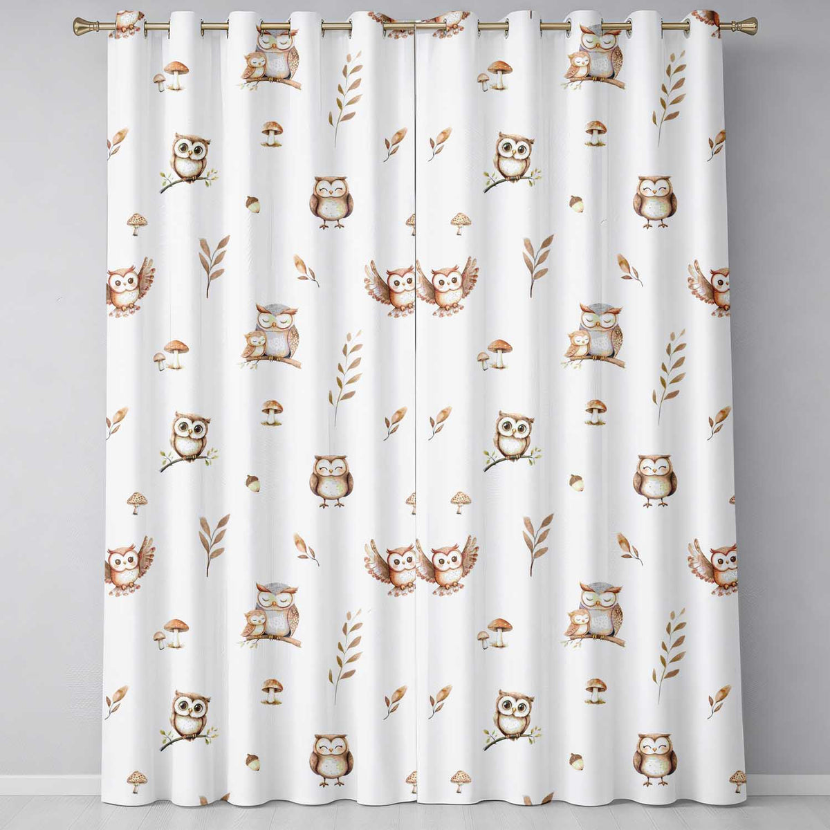Woodland Owls with Mushrooms Leaves Warm Neutral Seamless Pattern Readymade Eyelet Ring Top Thermal 100% Blackout Curtains