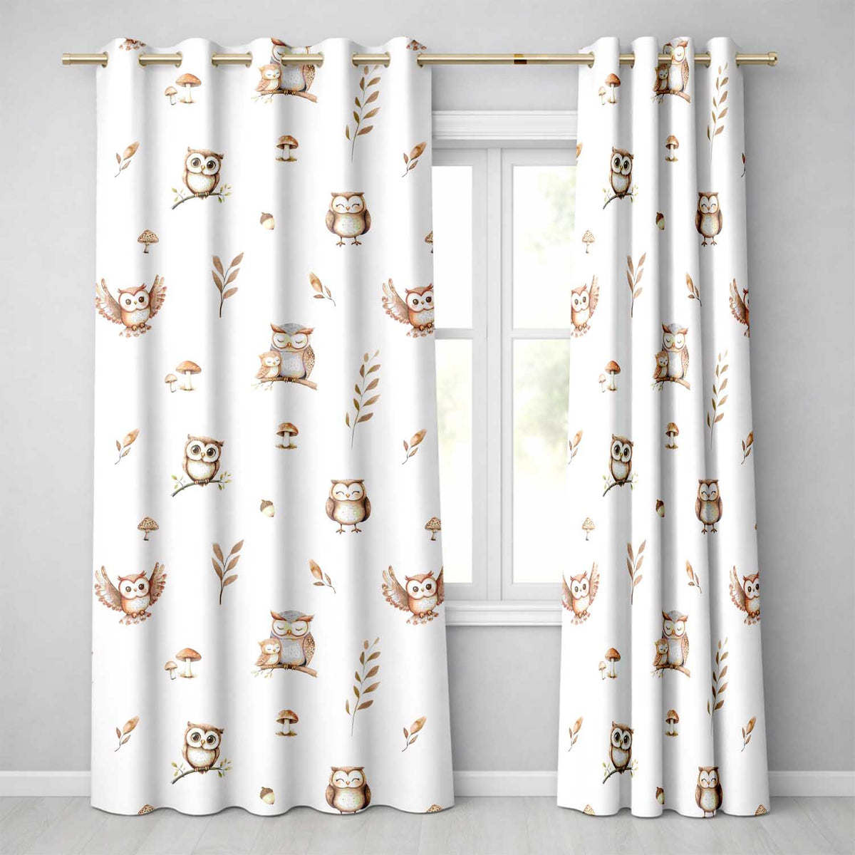 Woodland Owls with Mushrooms Leaves Warm Neutral Seamless Pattern Readymade Eyelet Ring Top Thermal 100% Blackout Curtains