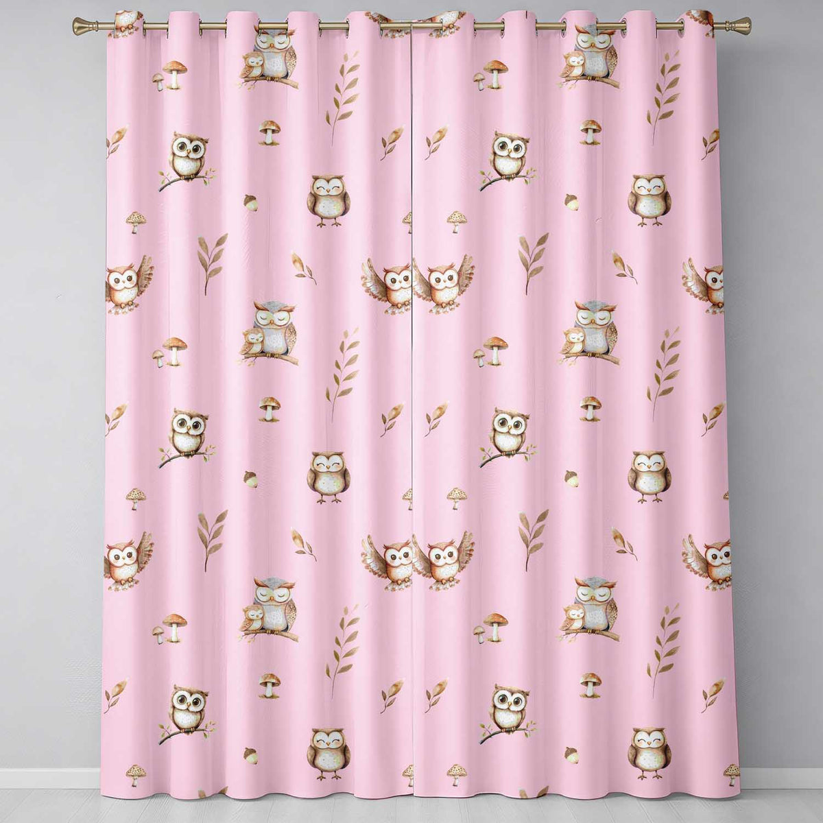 Cute Woodland Owls with Mushrooms Leaves Soft Pink Background Seamless Pattern Readymade Eyelet Ring Top Thermal 100% Blackout Curtains