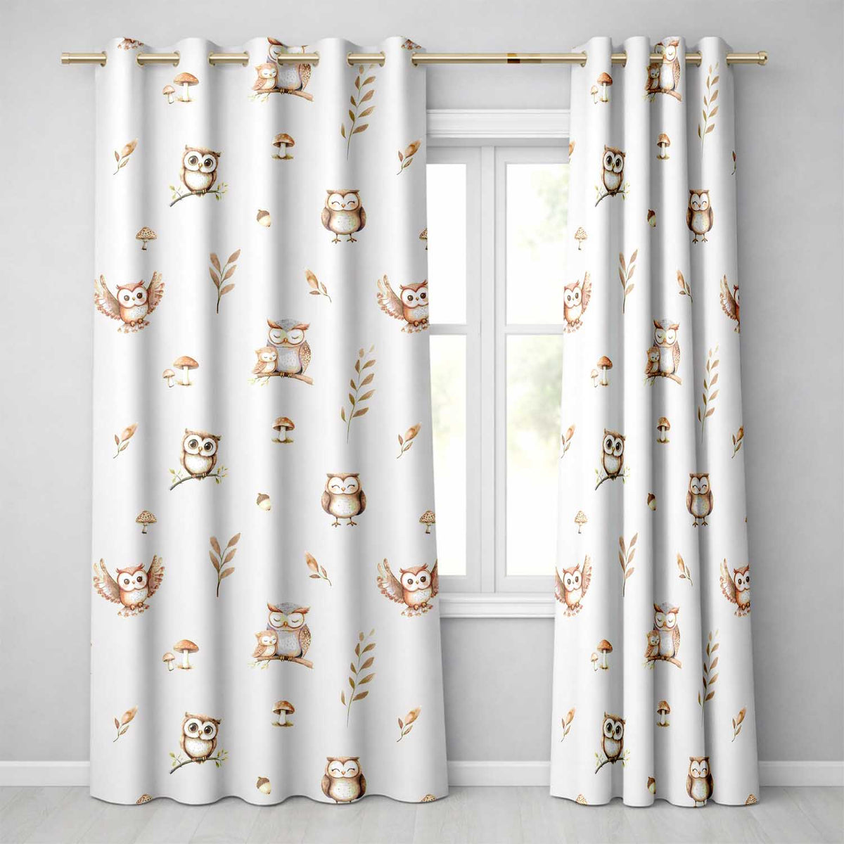 Woodland Owls with Mushrooms Leaves Dark Grey Seamless Pattern Readymade Eyelet Ring Top Thermal 100% Blackout Curtains