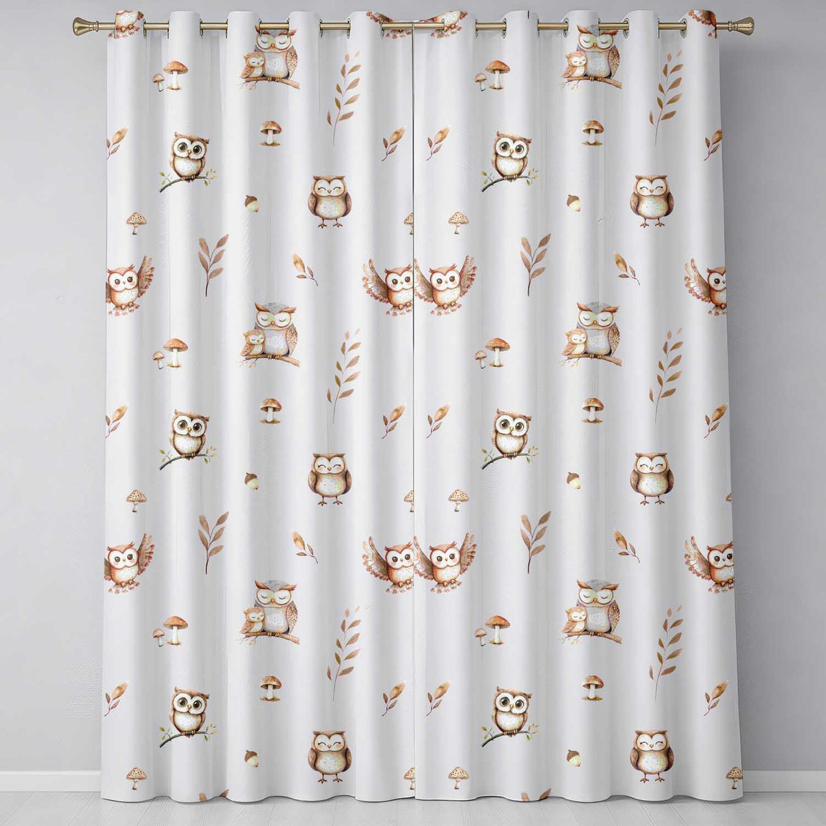 Woodland Owls with Mushrooms Leaves Cream Seamless Pattern Readymade Eyelet Ring Top Thermal 100% Blackout Curtains