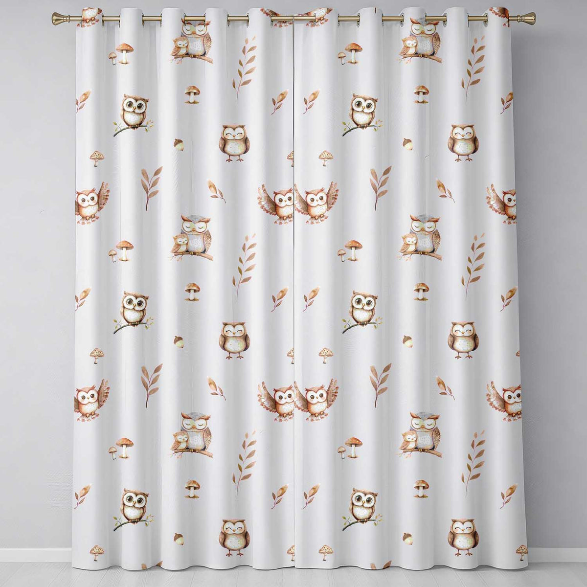 Cute Woodland Owls with Mushrooms Leaves Creamish Background Seamless Pattern Readymade Eyelet Ring Top Thermal 100% Blackout Curtains