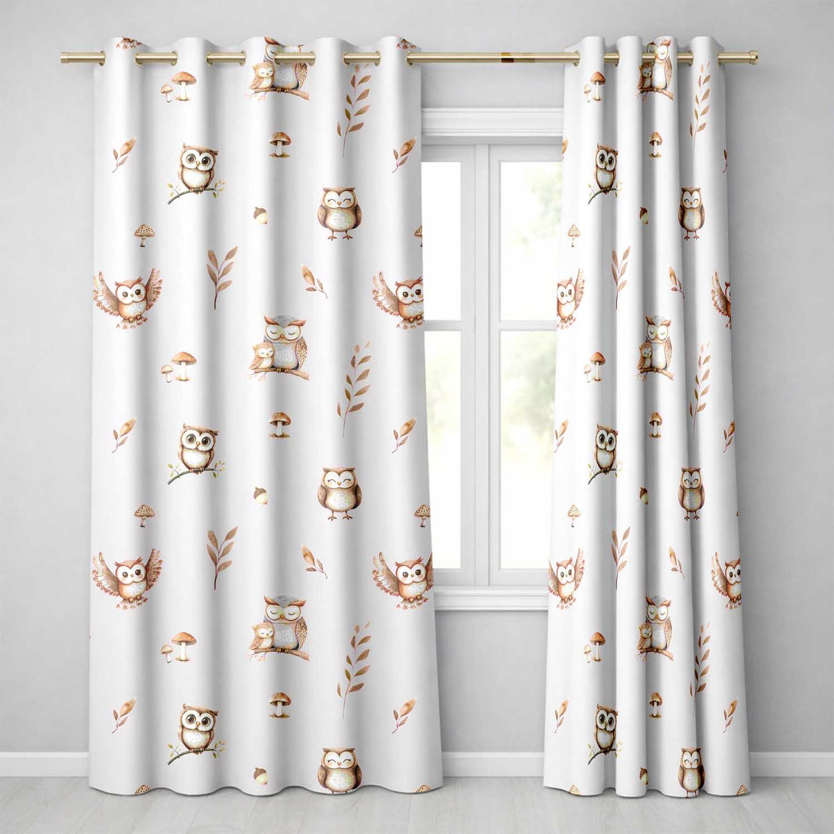 Cute Woodland Owls with Mushrooms Leaves Creamish Background Seamless Pattern Readymade Eyelet Ring Top Thermal 100% Blackout Curtains