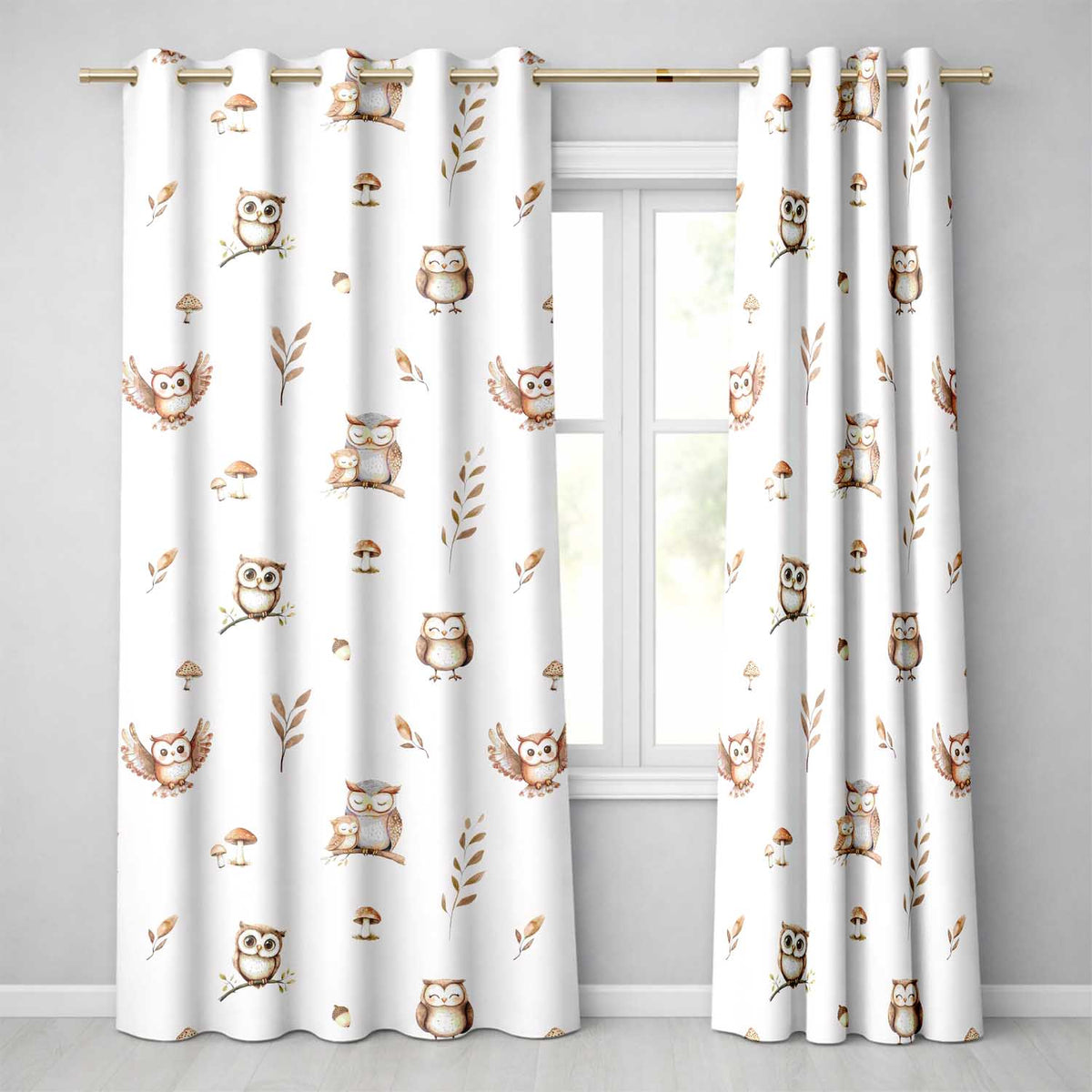 Cute Woodland Owls with Mushrooms Leaves Light Grey Background Seamless Pattern Readymade Eyelet Ring Top Thermal 100% Blackout Curtains