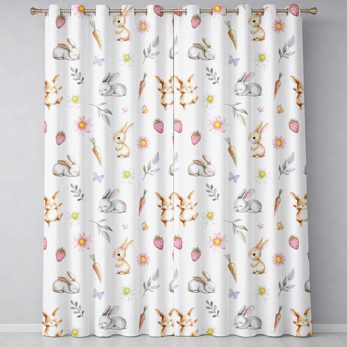 Cute Easter Bunnies with Flowers Carrots Seamless Pattern Readymade Eyelet Ring Top Thermal 100% Blackout Curtains