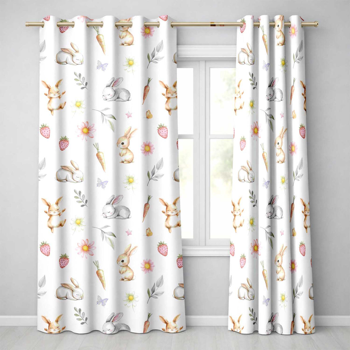 Cute Easter Bunnies with Flowers Carrots Seamless Pattern Readymade Eyelet Ring Top Thermal 100% Blackout Curtains