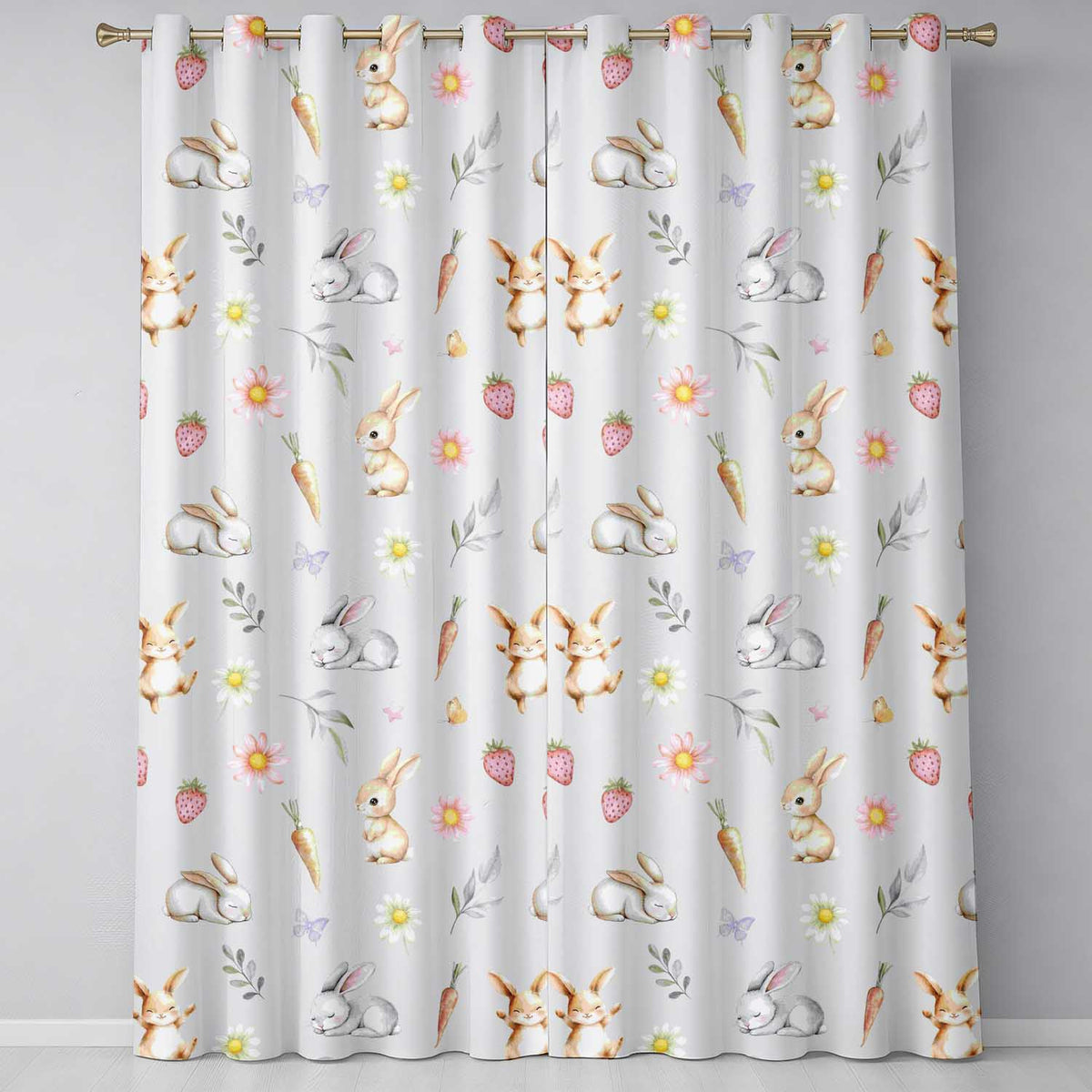 Cute Easter Bunnies with Flowers Carrots Soft Background Seamless Pattern Readymade Eyelet Ring Top Thermal 100% Blackout Curtains