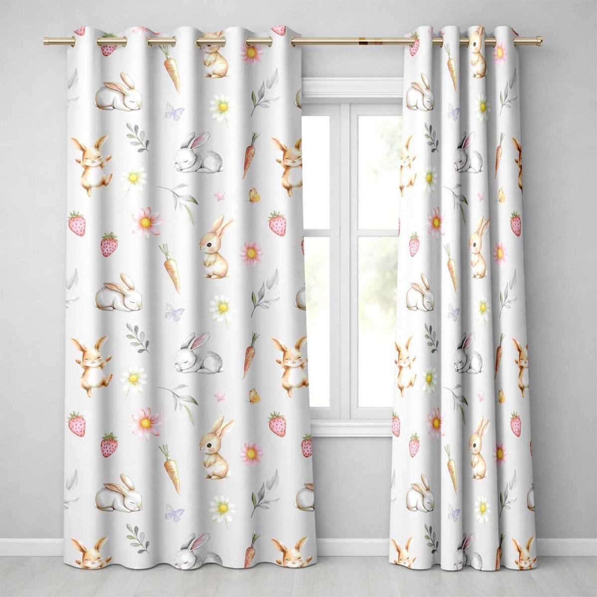 Cute Easter Bunnies with Flowers Carrots Soft Background Seamless Pattern Readymade Eyelet Ring Top Thermal 100% Blackout Curtains