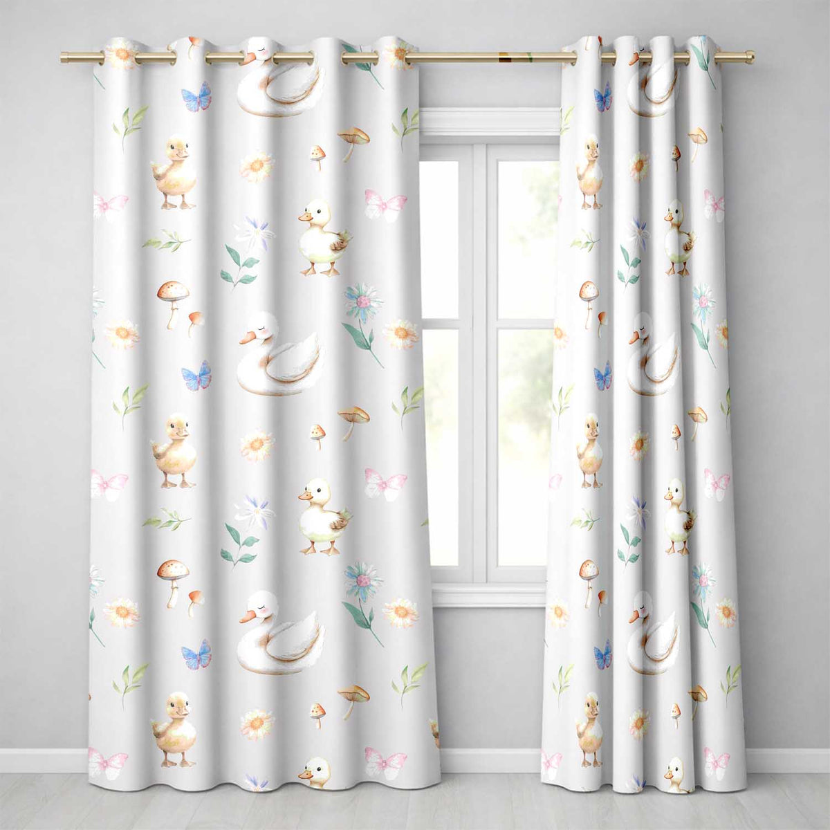 Swan and Ducklings with Flowers Mushrooms Grey Seamless Pattern Readymade Eyelet Ring Top Thermal 100% Blackout Curtains
