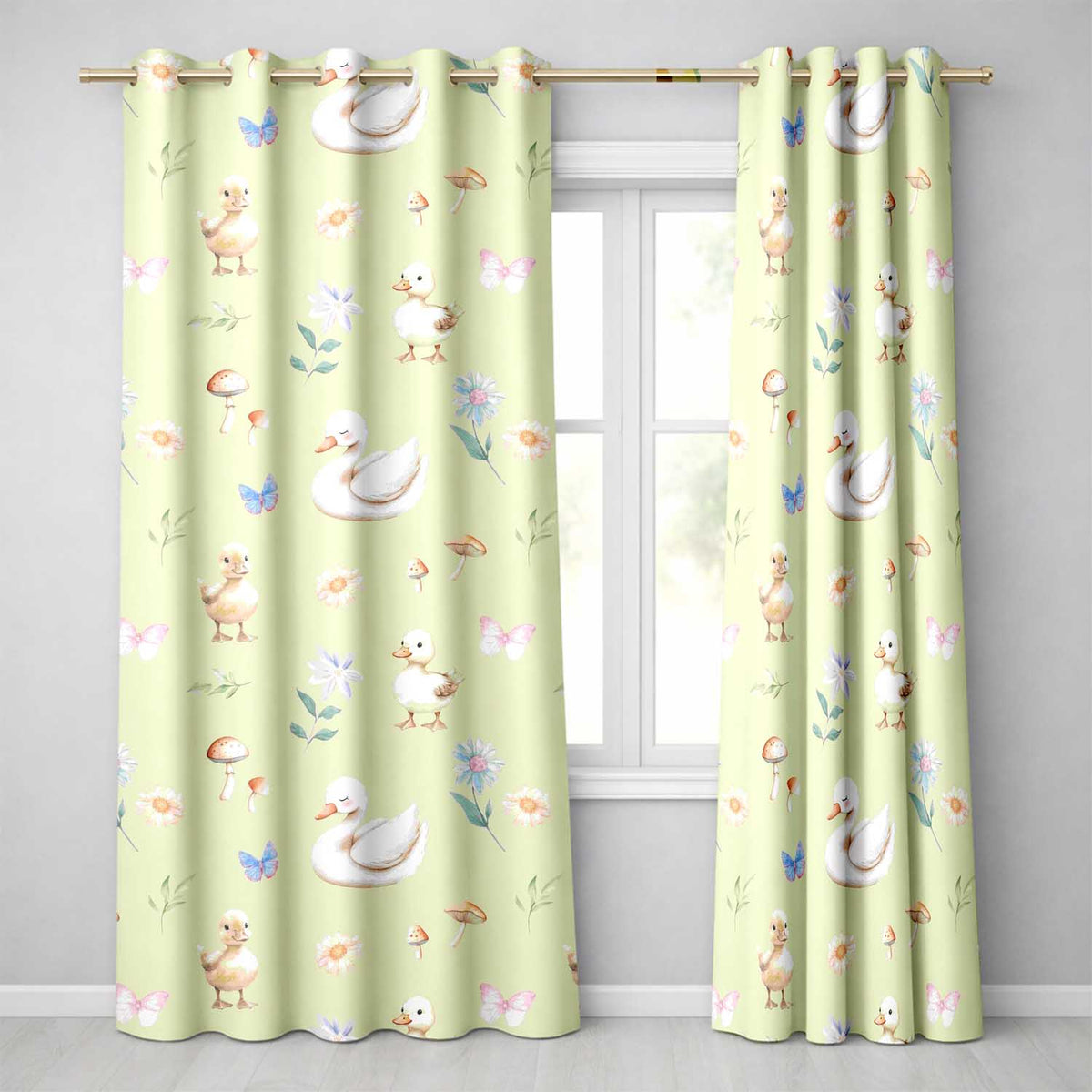 Swan and Ducklings with Flowers Mushrooms Soft Olive Seamless Pattern Readymade Eyelet Ring Top Thermal 100% Blackout Curtains