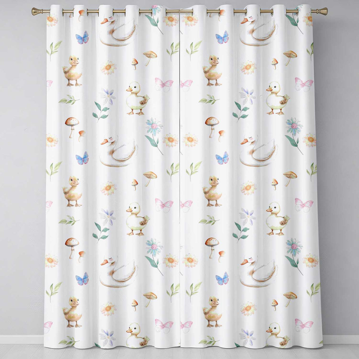Swan and Ducklings with Flowers Mushrooms Soft Grey Seamless Pattern Readymade Eyelet Ring Top Thermal 100% Blackout Curtains