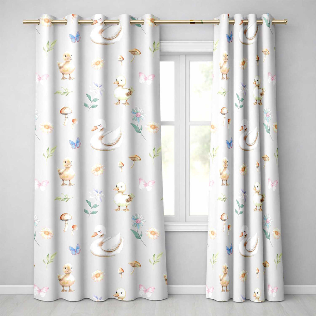 Swan and Ducklings with Flowers Mushrooms Soft Lilac Seamless Pattern Readymade Eyelet Ring Top Thermal 100% Blackout Curtains