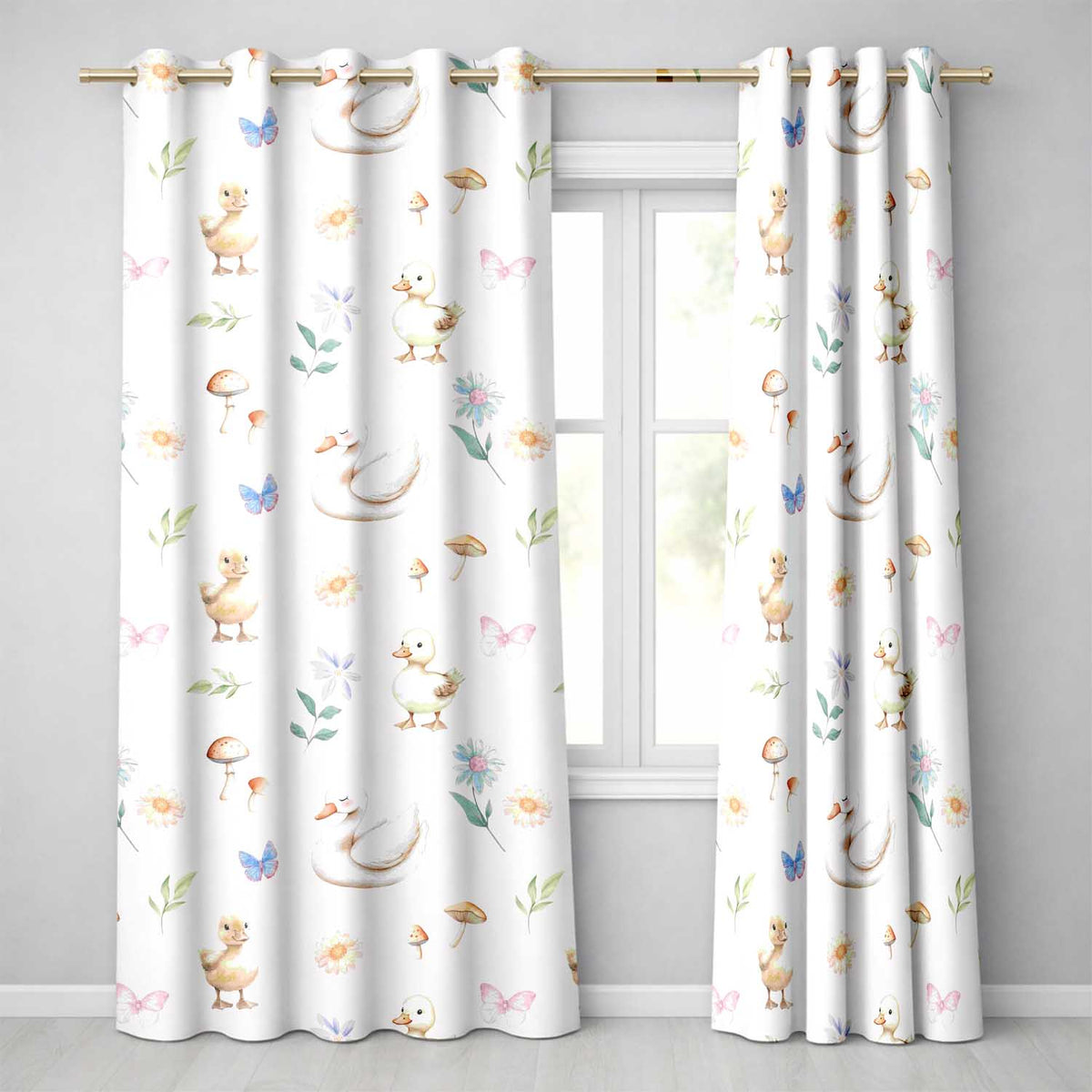 Swan and Ducklings with Flowers Mushrooms Soft White Seamless Pattern Readymade Eyelet Ring Top Thermal 100% Blackout Curtains