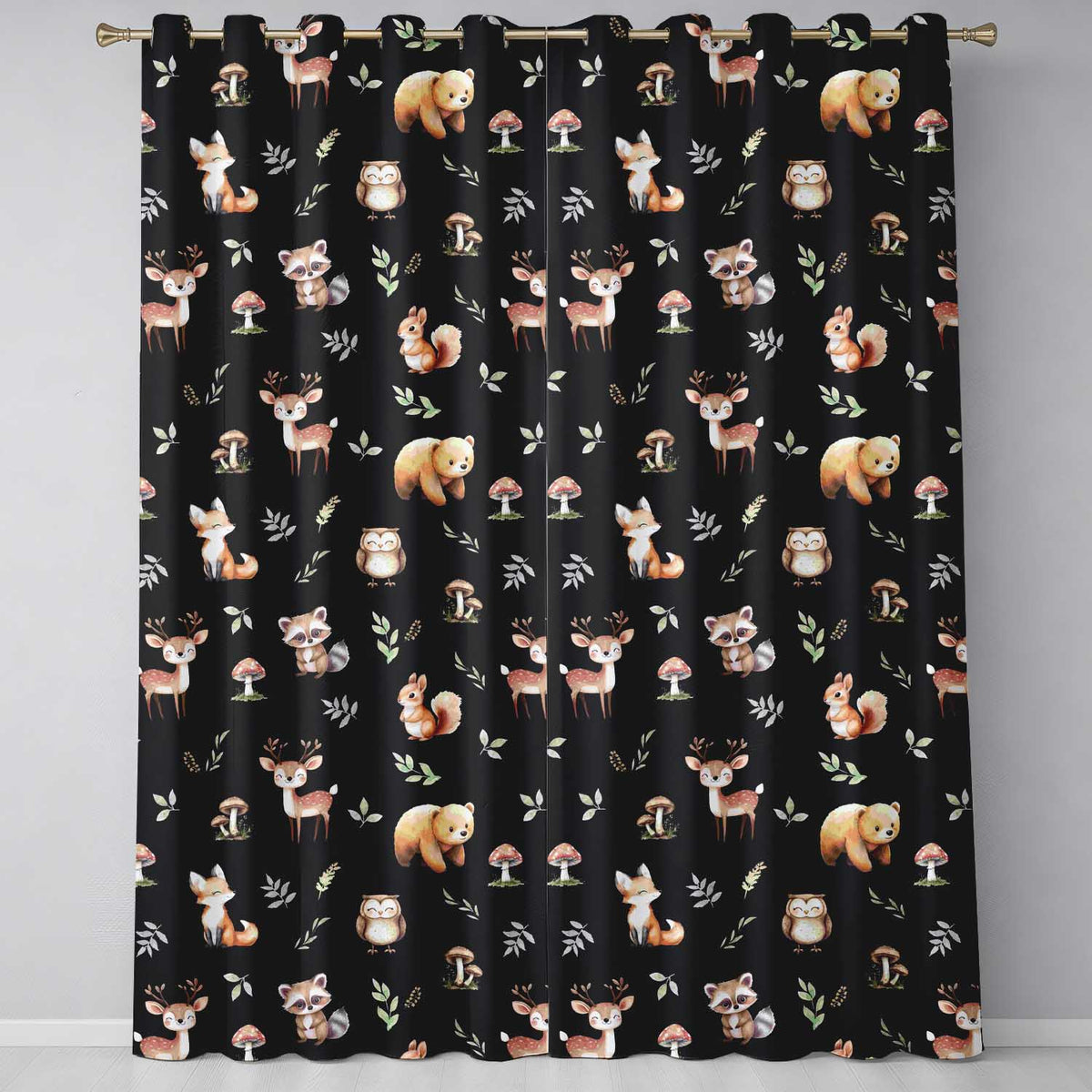 Woodland Deer Bear Fox Owl Raccoon Leaves Mushrooms Black Seamless Pattern Readymade Eyelet Ring Top Thermal 100% Blackout Curtains