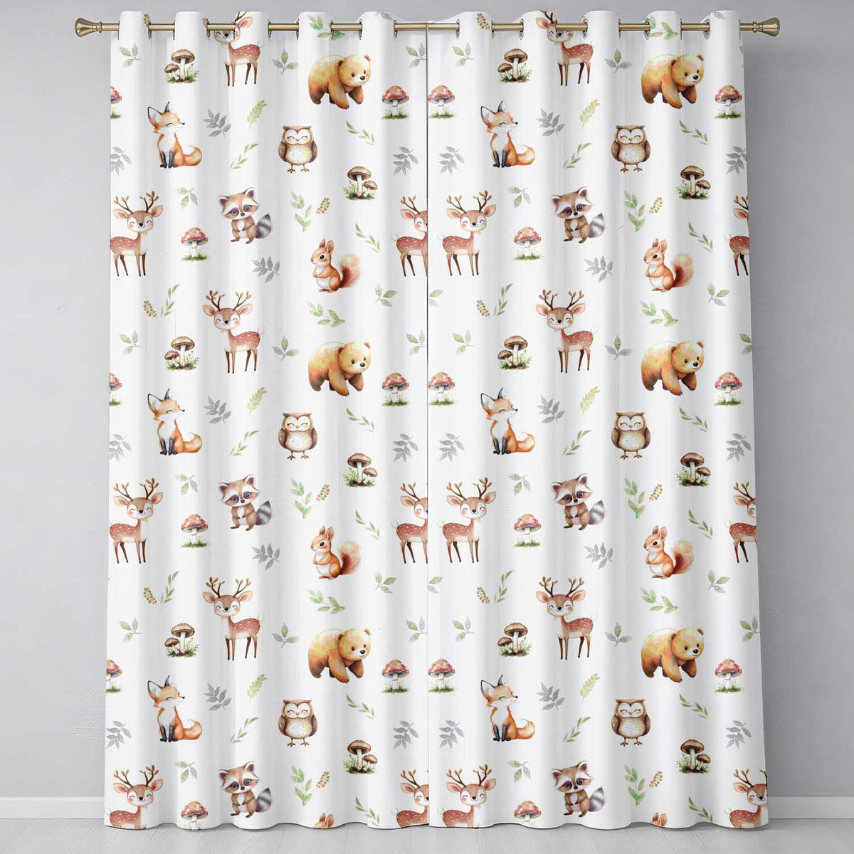 Woodland Deer Bear Fox Owl Raccoon Leaves Mushrooms Cream Seamless Pattern Readymade Eyelet Ring Top Thermal 100% Blackout Curtains