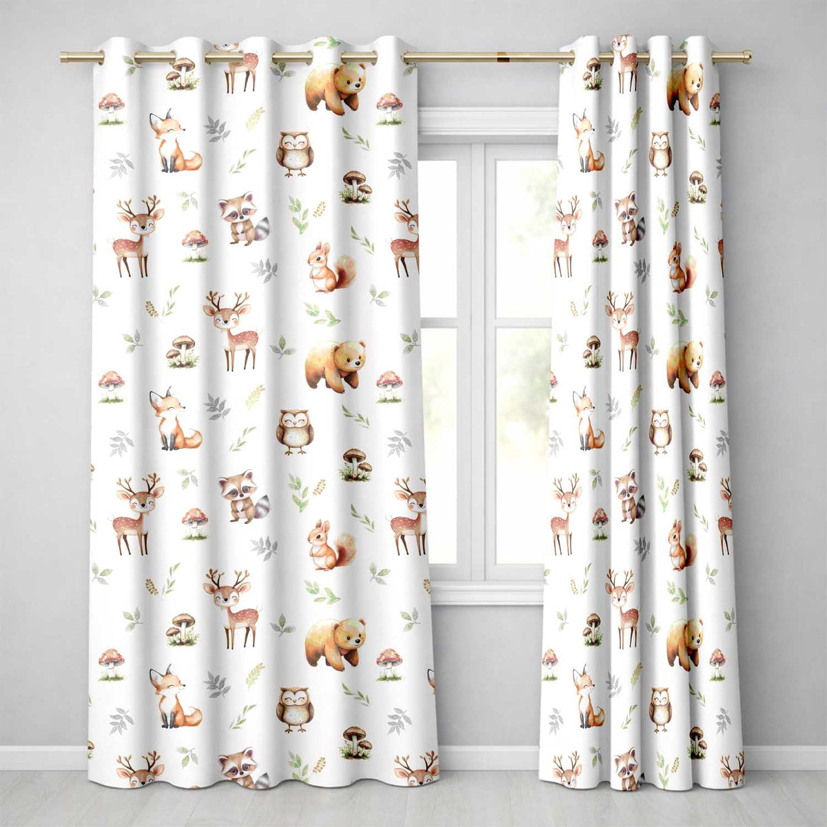 Woodland Deer Bear Fox Owl Raccoon Leaves Mushrooms Cream Seamless Pattern Readymade Eyelet Ring Top Thermal 100% Blackout Curtains