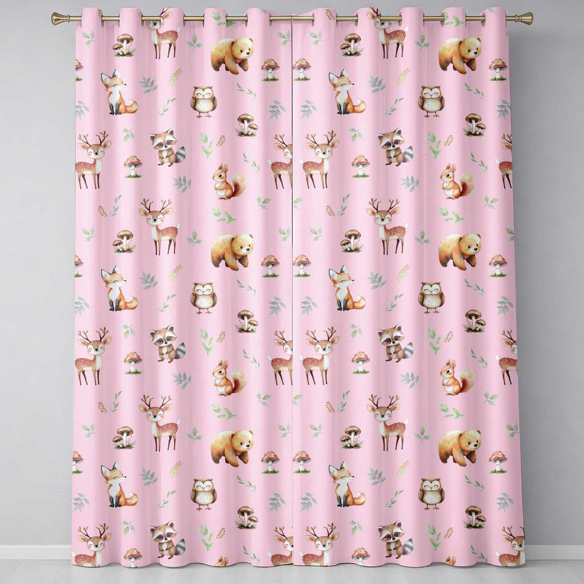 Woodland Deer Bear Fox Owl Raccoon Leaves Mushrooms Soft Pink Seamless Pattern Readymade Eyelet Ring Top Thermal 100% Blackout Curtains