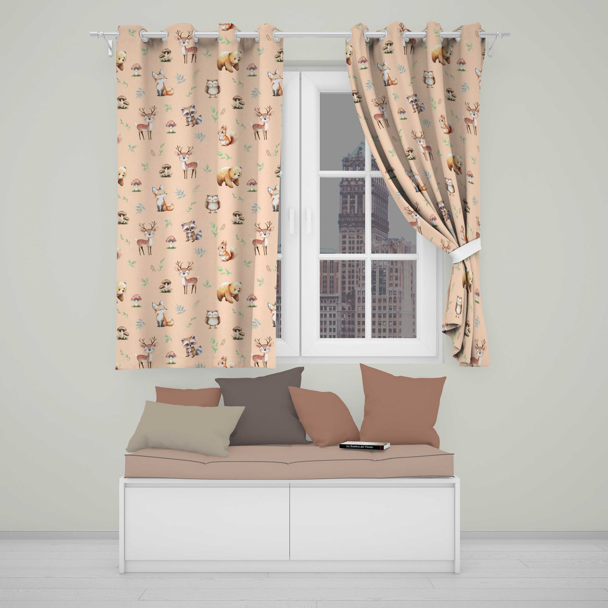 Woodland Deer Bear Fox Owl Raccoon Leaves Mushrooms Beige Seamless Pattern Readymade Eyelet Ring Top Thermal 100% Blackout Curtains