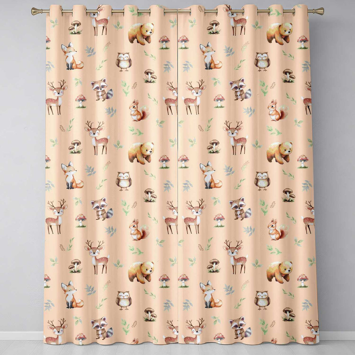 Woodland Deer Bear Fox Owl Raccoon Leaves Mushrooms Beige Seamless Pattern Readymade Eyelet Ring Top Thermal 100% Blackout Curtains