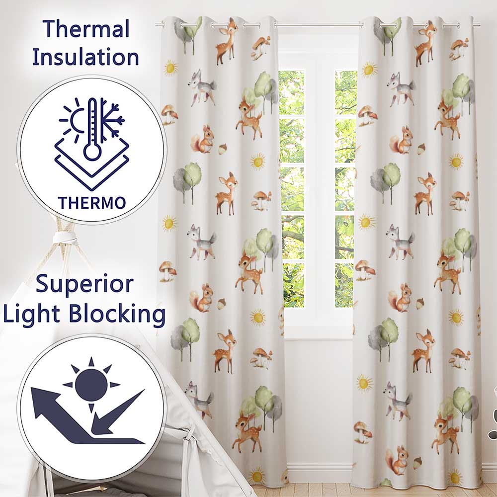 Woodland Deer Fox Trees Mushrooms Sun Animals White Seamless Pattern Readymade Eyelet Ring Top Thermal 100% Blackout Curtains