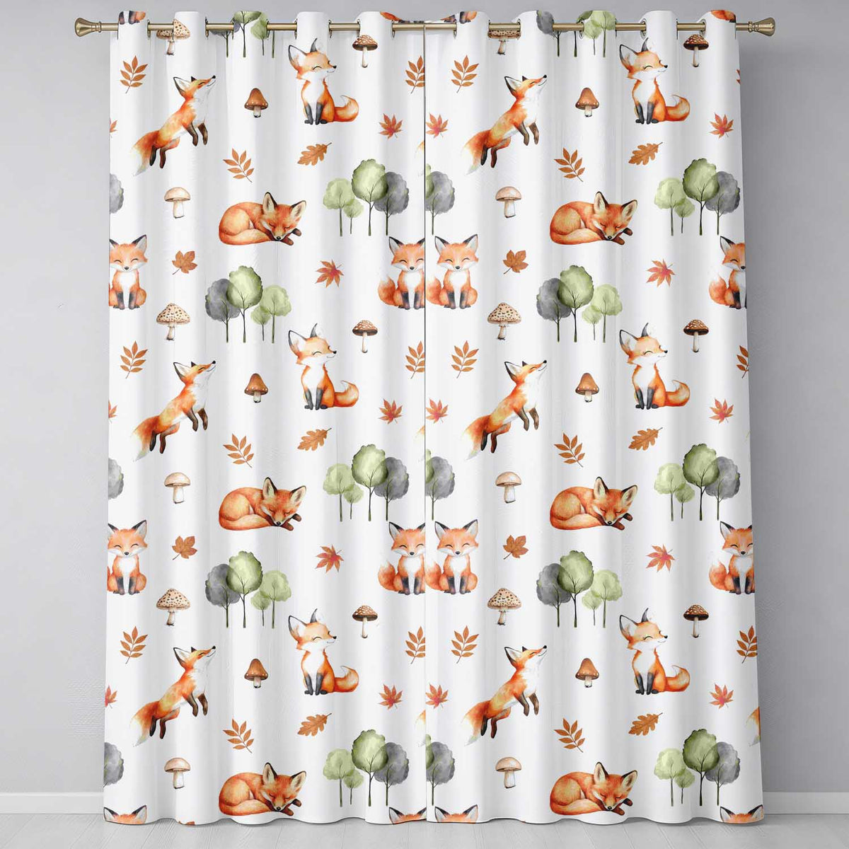Cute Forest Fox Autumn Leaves Trees Mushrooms Woodland Animals Seamless Pattern Readymade Eyelet Ring Top Thermal 100% Blackout Curtains