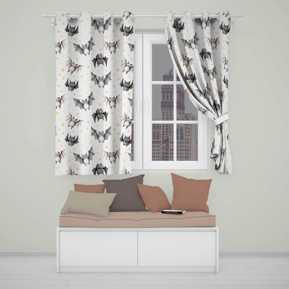 Cute Halloween Bats Flying Yellow Stars Night Sky Seamless Pattern Readymade Eyelet Ring Top Thermal 100% Blackout Curtains