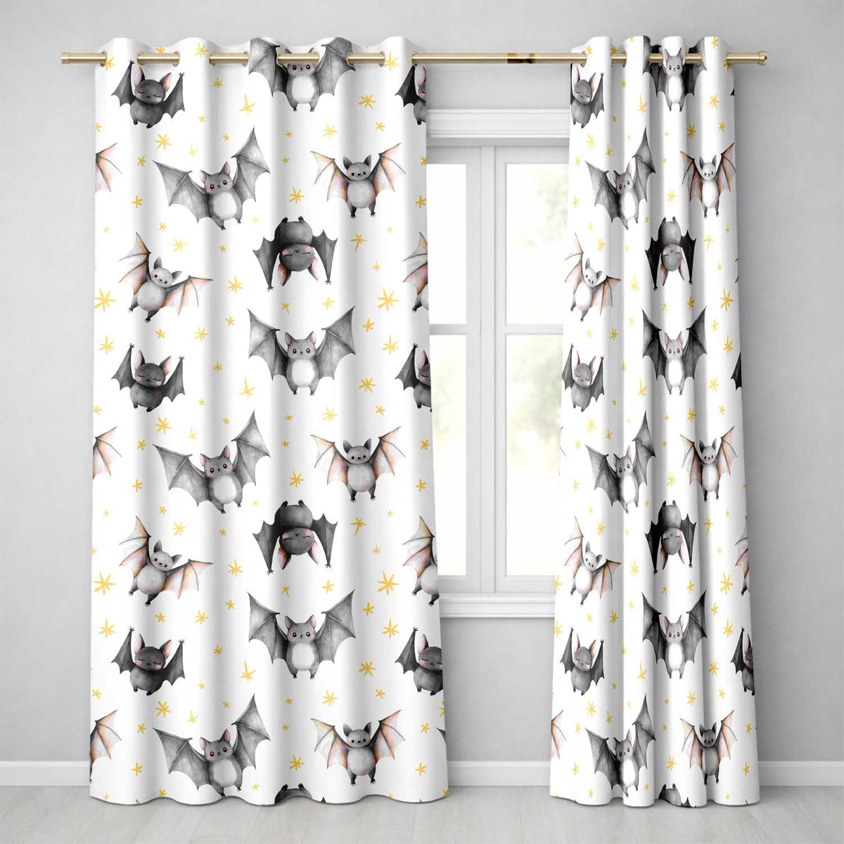Cute Halloween Bats Flying Yellow Stars Night Sky Seamless Pattern Readymade Eyelet Ring Top Thermal 100% Blackout Curtains