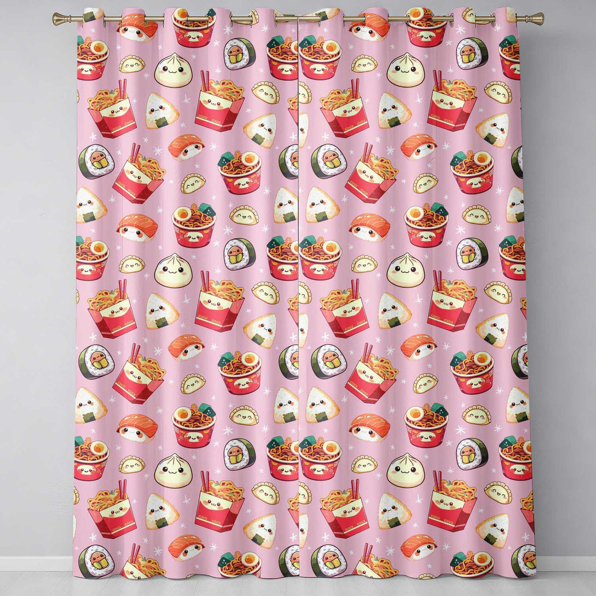 Cute Kawaii Sushi Ramen Dumpling Food Blush Pink Background Seamless Pattern Readymade Eyelet Ring Top Thermal 100% Blackout Curtains