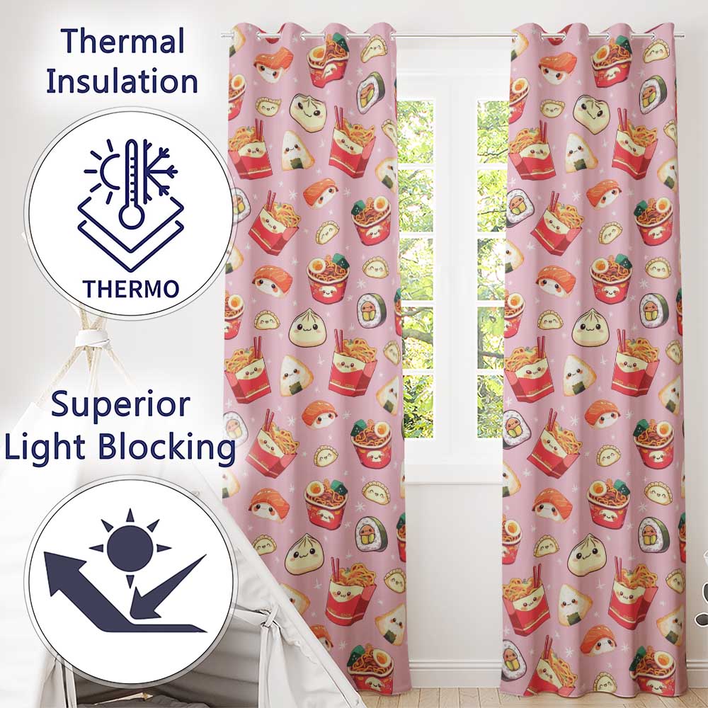 Cute Kawaii Sushi Ramen Dumpling Food Blush Pink Background Seamless Pattern Readymade Eyelet Ring Top Thermal 100% Blackout Curtains