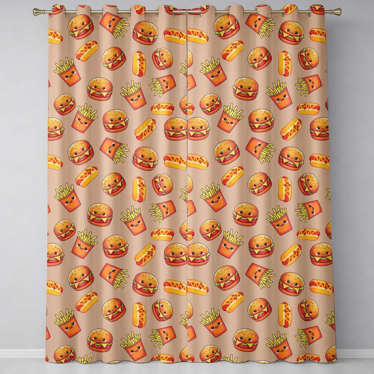 Cute Kawaii Burger Fries Hotdog Fast Food Beige Background Seamless Pattern Readymade Eyelet Ring Top Thermal 100% Blackout Curtains