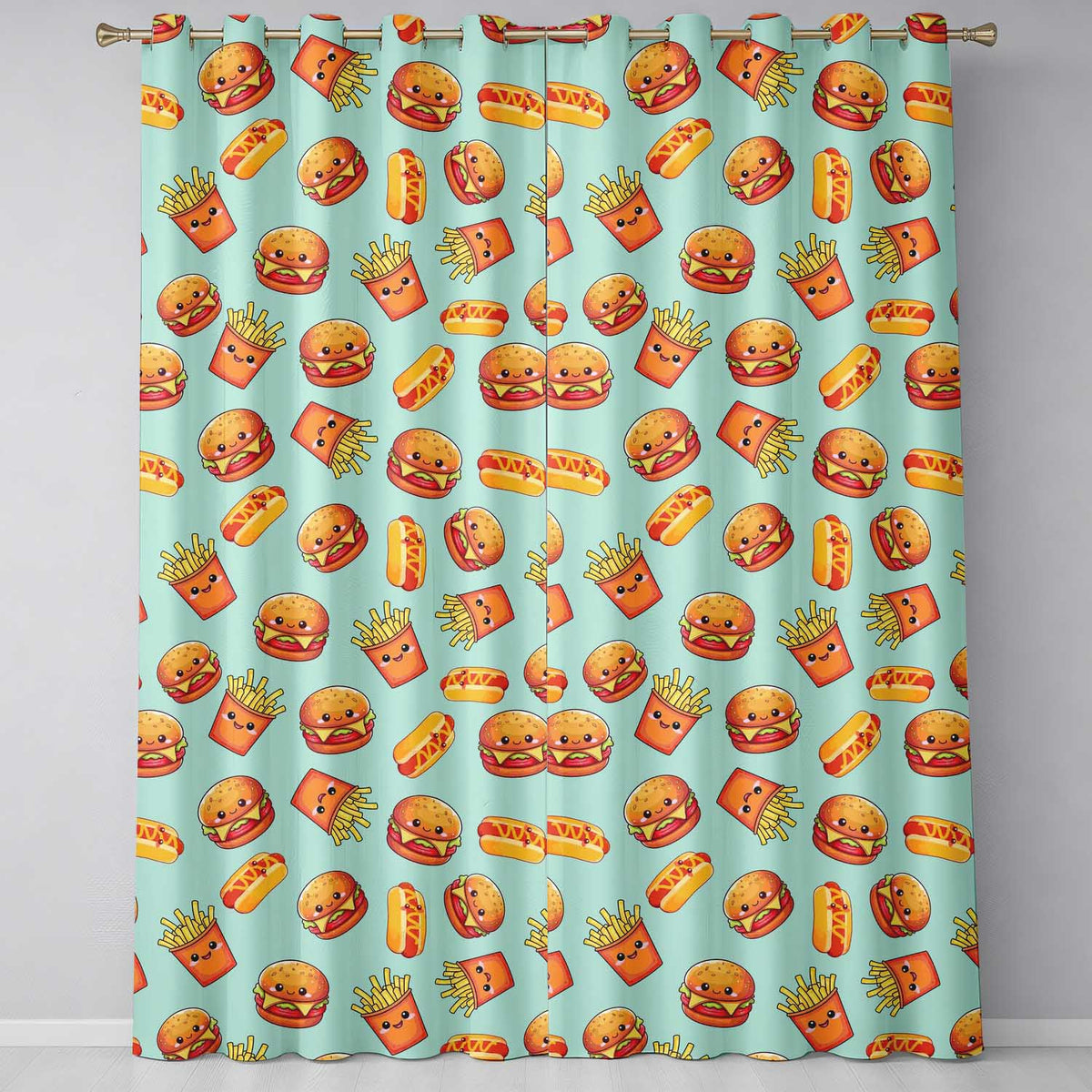 Kawaii Burger Fries Hotdog Fast Food Mint Green Seamless Pattern Readymade Eyelet Ring Top Thermal 100% Blackout Curtains