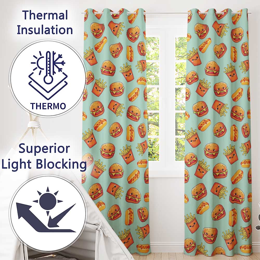 Kawaii Burger Fries Hotdog Fast Food Mint Green Seamless Pattern Readymade Eyelet Ring Top Thermal 100% Blackout Curtains