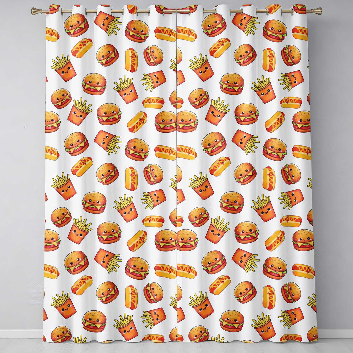 Cute Kawaii Burger Fries Hotdog Fast Food White Background Seamless Pattern Readymade Eyelet Ring Top Thermal 100% Blackout Curtains