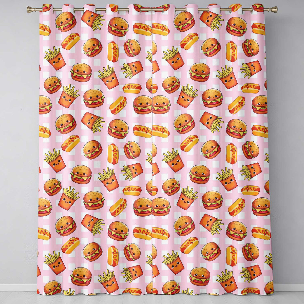 Kawaii Burger Fries Hotdog Fast Food Pink Gingham Seamless Pattern Readymade Eyelet Ring Top Thermal 100% Blackout Curtains