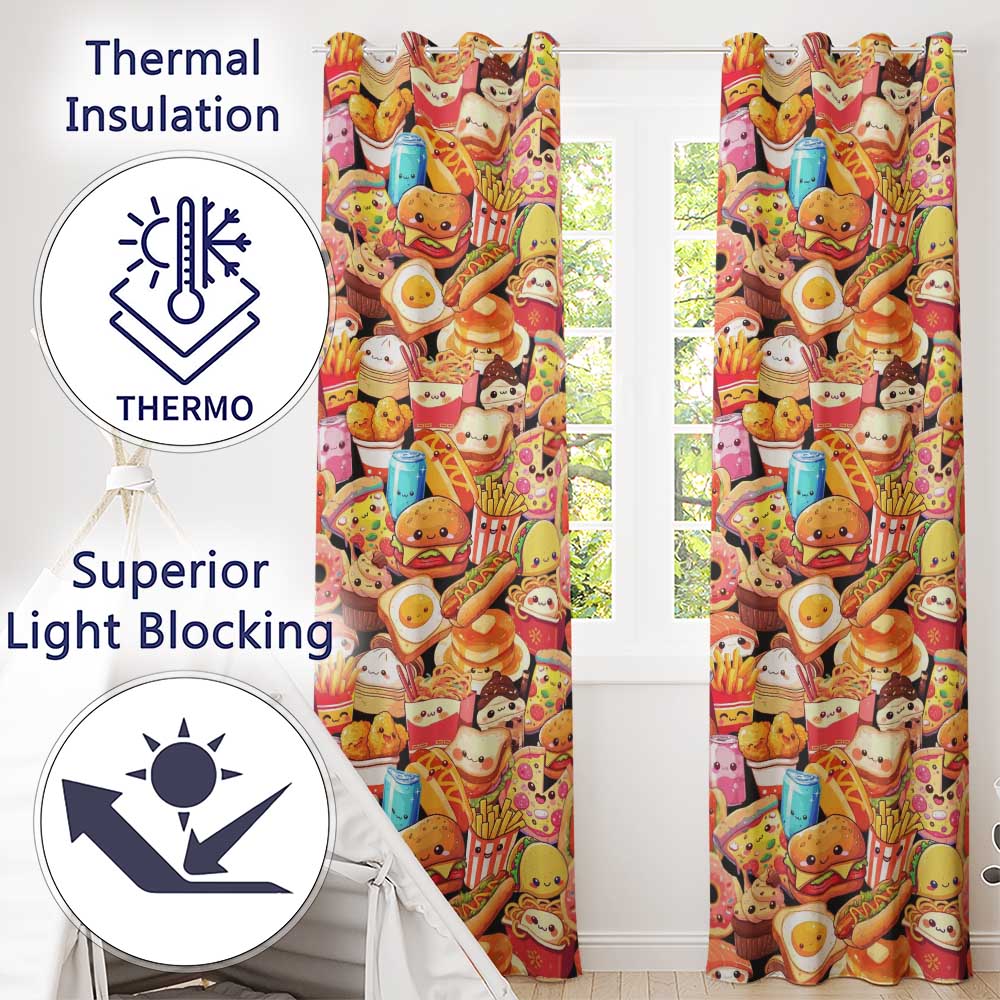 Cute Kawaii Fast Food Collage Burger Pizza Fries Drinks Seamless Pattern Readymade Eyelet Ring Top Thermal 100% Blackout Curtains