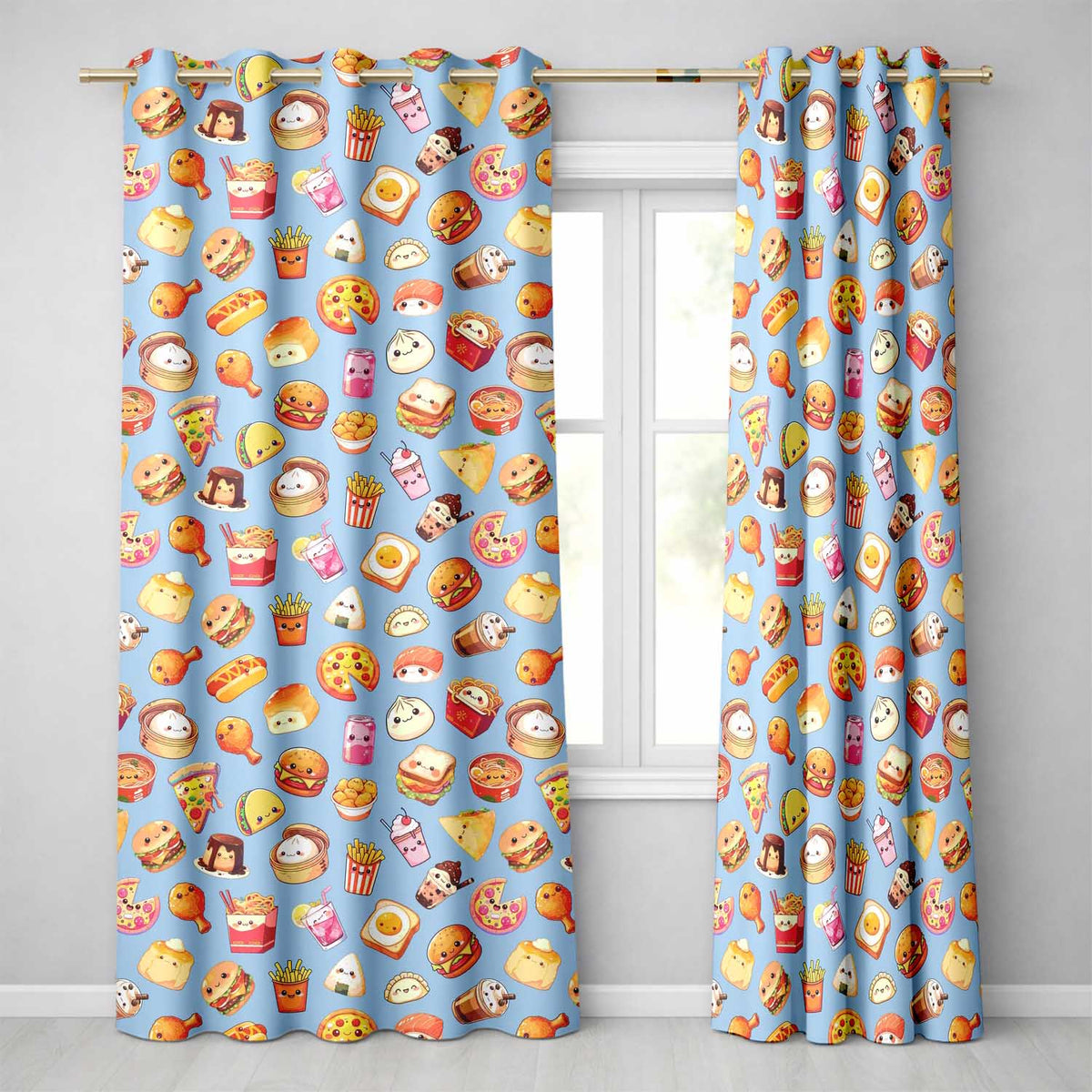 Kawaii Fast Food Burger Sushi Taco Pizza Blue Seamless Pattern Readymade Eyelet Ring Top Thermal 100% Blackout Curtains