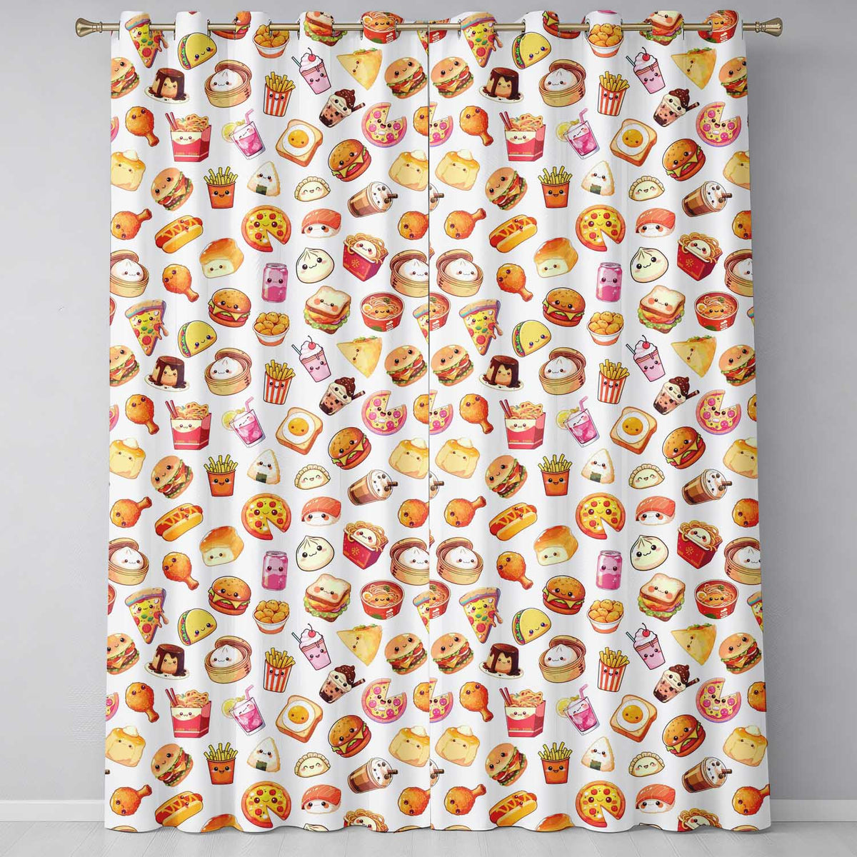 Kawaii Fast Food Burger Sushi Taco Pizza Cream Seamless Pattern Readymade Eyelet Ring Top Thermal 100% Blackout Curtains