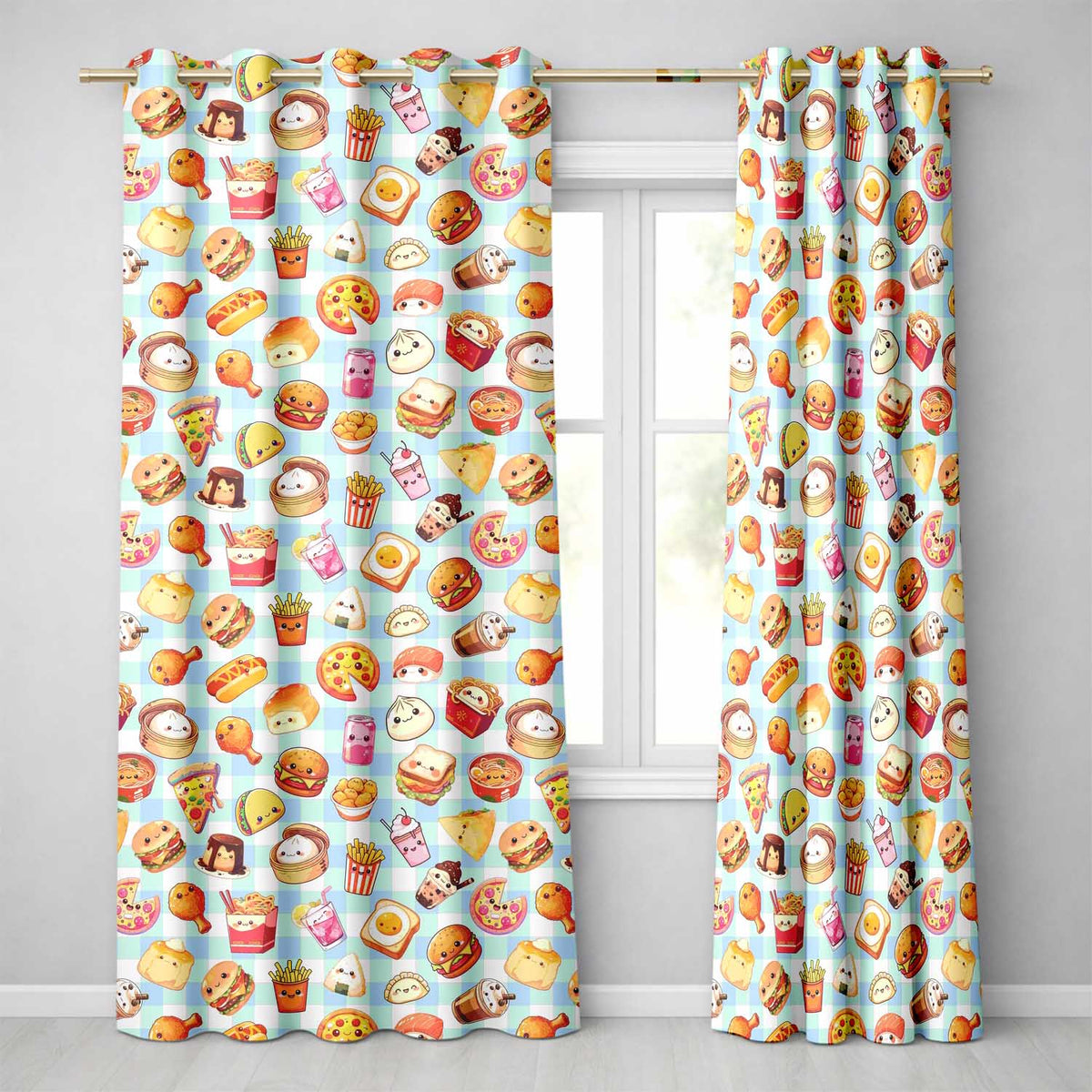 Kawaii Fast Food Burger Sushi Taco Pizza Blue Gingham Seamless Pattern Readymade Eyelet Ring Top Thermal 100% Blackout Curtains
