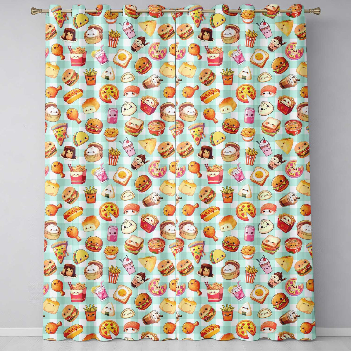 Kawaii Fast Food Burger Sushi Taco Pizza Mint Gingham Seamless Pattern Readymade Eyelet Ring Top Thermal 100% Blackout Curtains