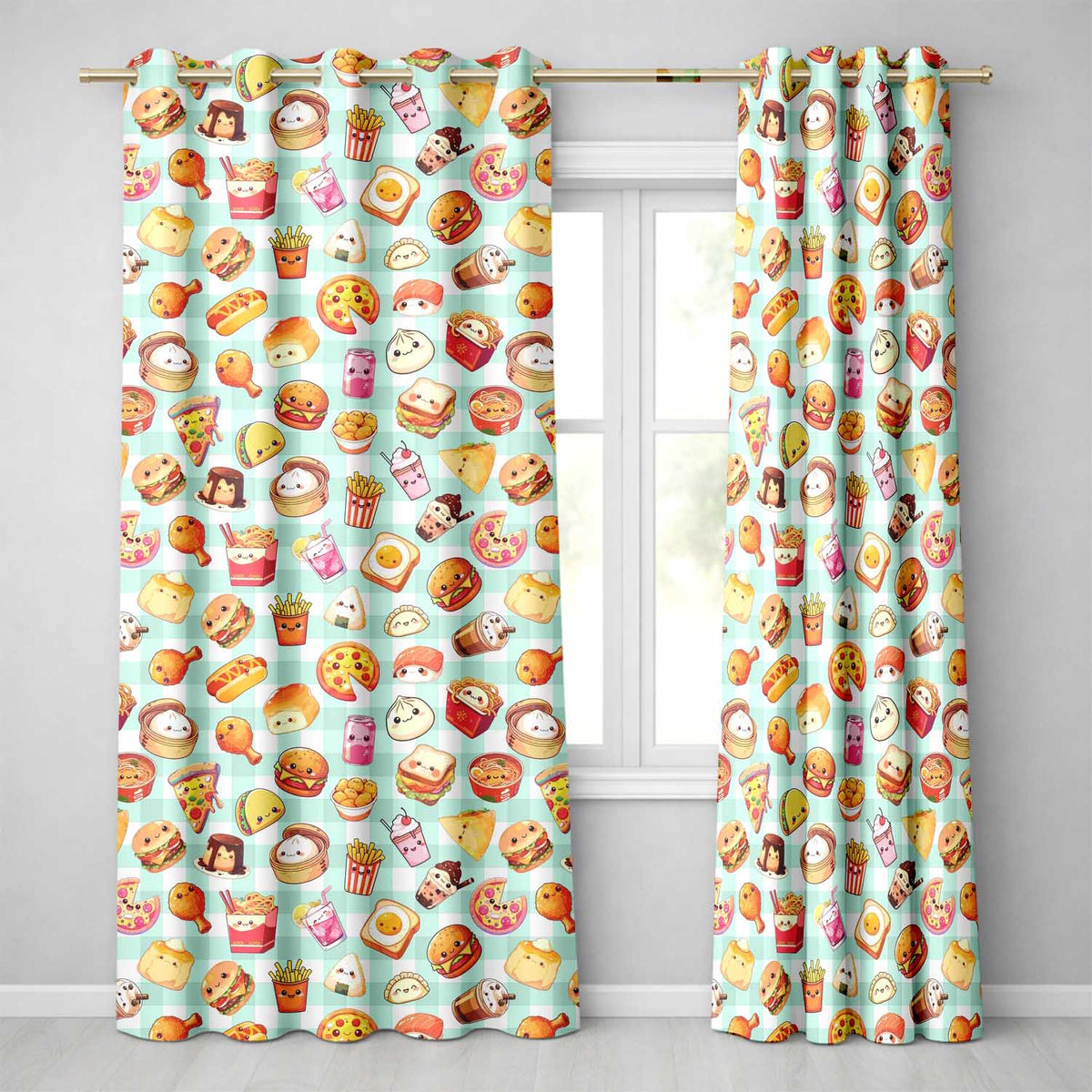 Kawaii Fast Food Burger Sushi Taco Pizza Mint Gingham Seamless Pattern Readymade Eyelet Ring Top Thermal 100% Blackout Curtains