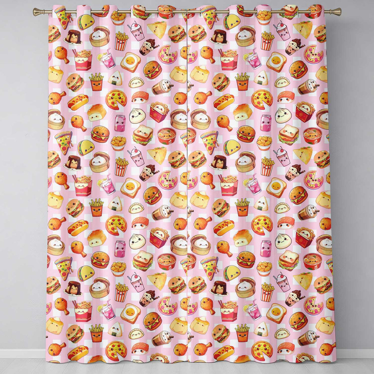 Kawaii Fast Food Burger Sushi Taco Pizza Pink Gingham Seamless Pattern Readymade Eyelet Ring Top Thermal 100% Blackout Curtains