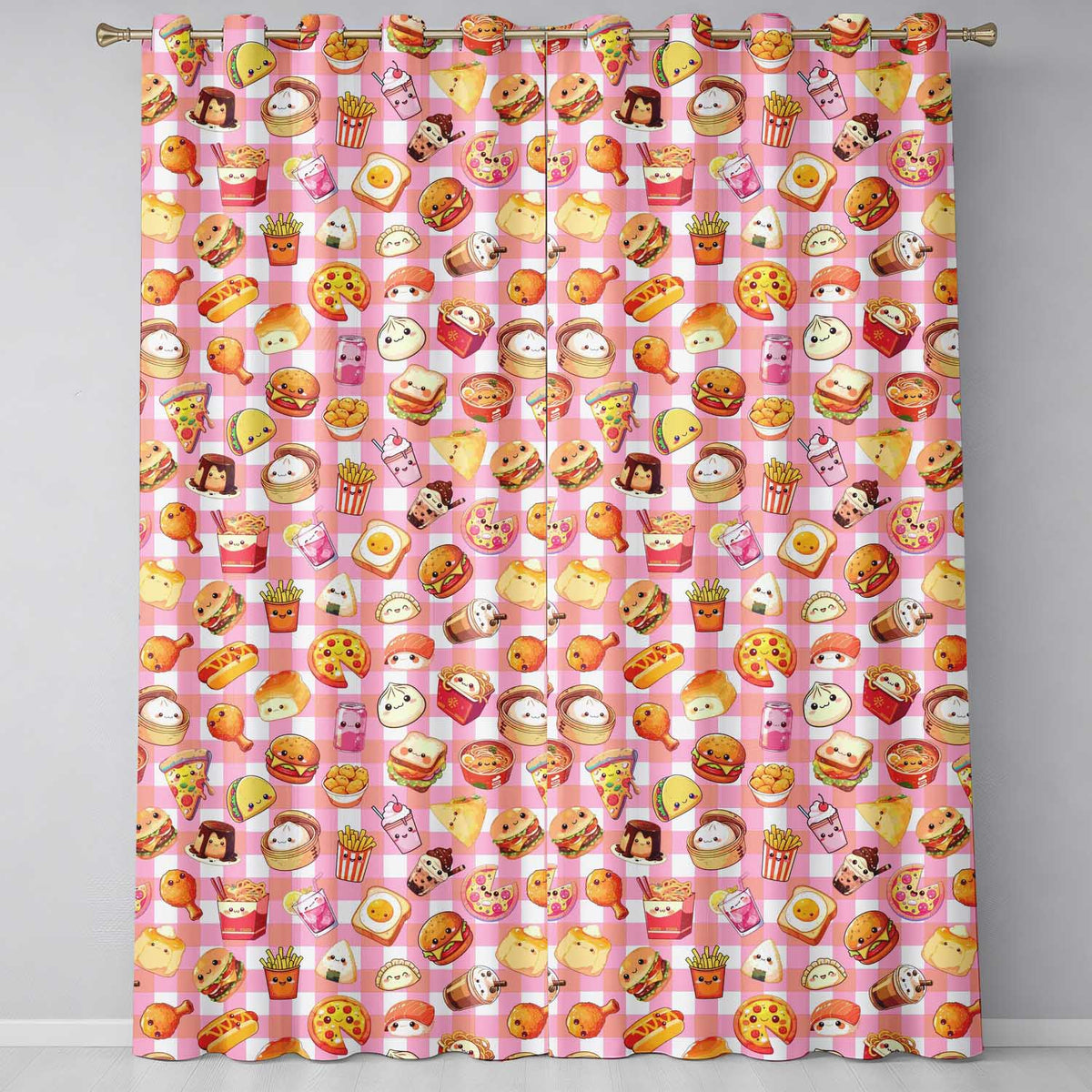 Kawaii Fast Food Burger Sushi Taco Pizza Red Gingham Seamless Pattern Readymade Eyelet Ring Top Thermal 100% Blackout Curtains